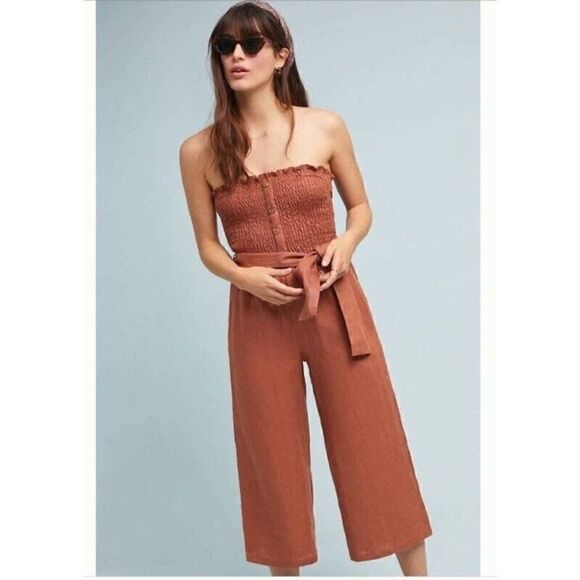 Faithful The Brand Lais Jumpsuit Plain Sangria Linen Smock Strapless Jumpsuit - Picture 4 of 13